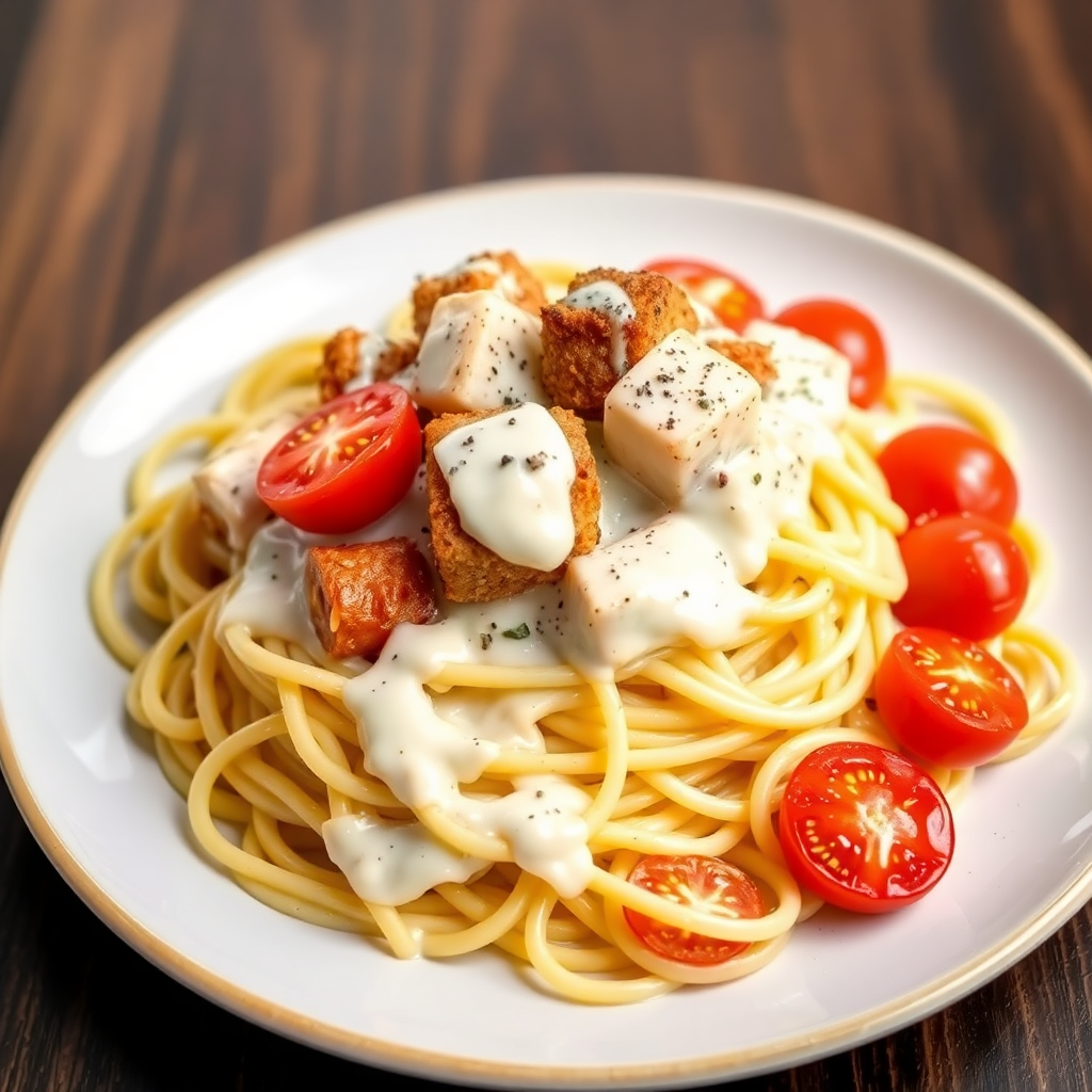 Creamy Spaghetti with Crispy Pork Belly and Tomatoes