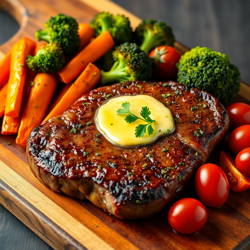 Garlic Butter Beef Steak with Herb Roasted Vegetables