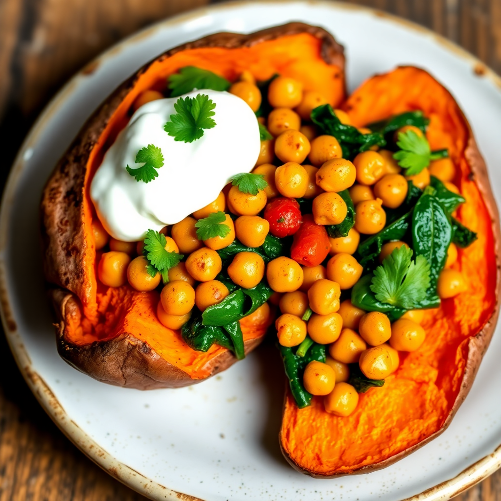 Spiced Chickpea and Spinach Stuffed Sweet Potato