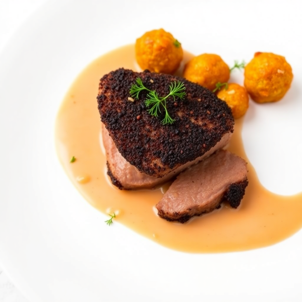Pork Tenderloin with Cocoa Crunch and Creamy Habanero Mandarin Sauce, Served with Fried Carrot-Dill Balls