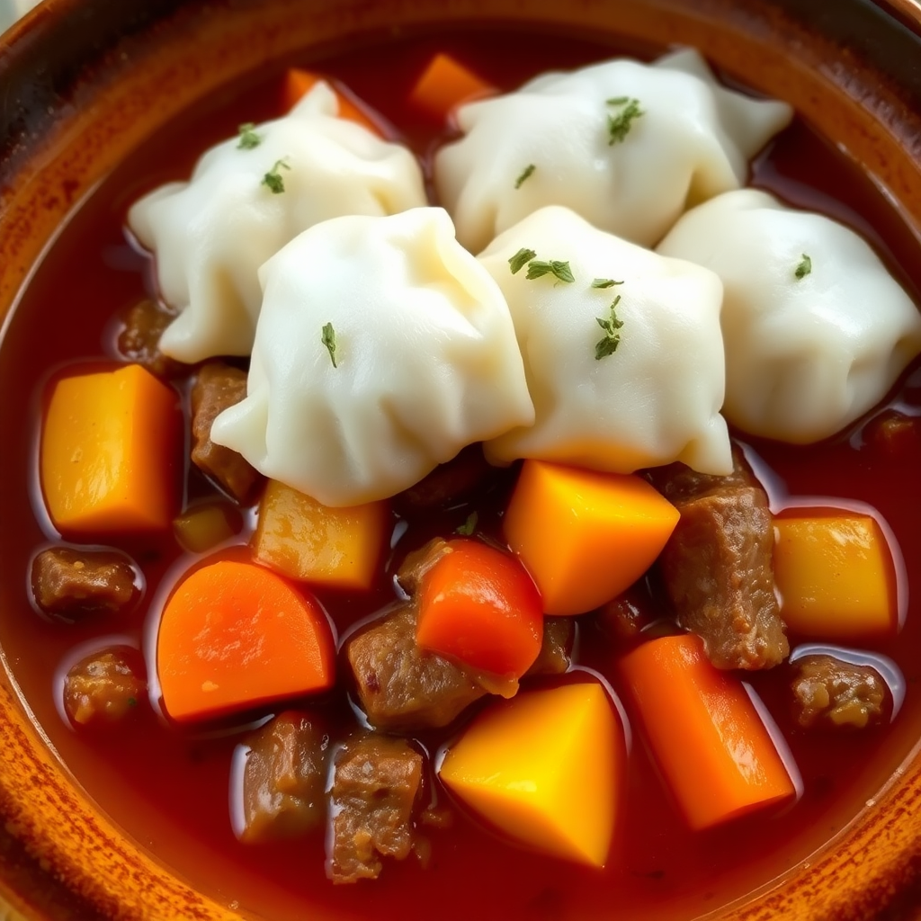 Hearty Beef and Vegetable Stew with Rice Flour Dumplings