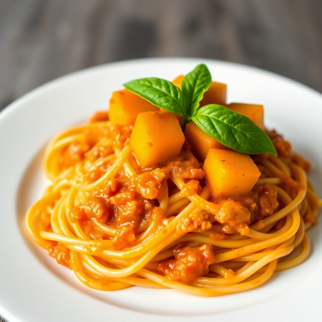 Creamy Spaghetti with Roasted Camote and Tomato-Onion Sauce