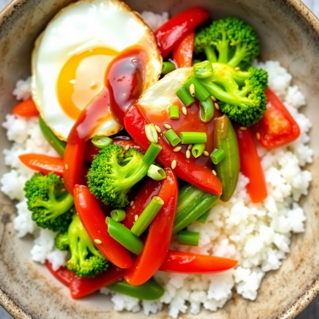 Vegetable Stir-Fry with Egg and Rice Bowl