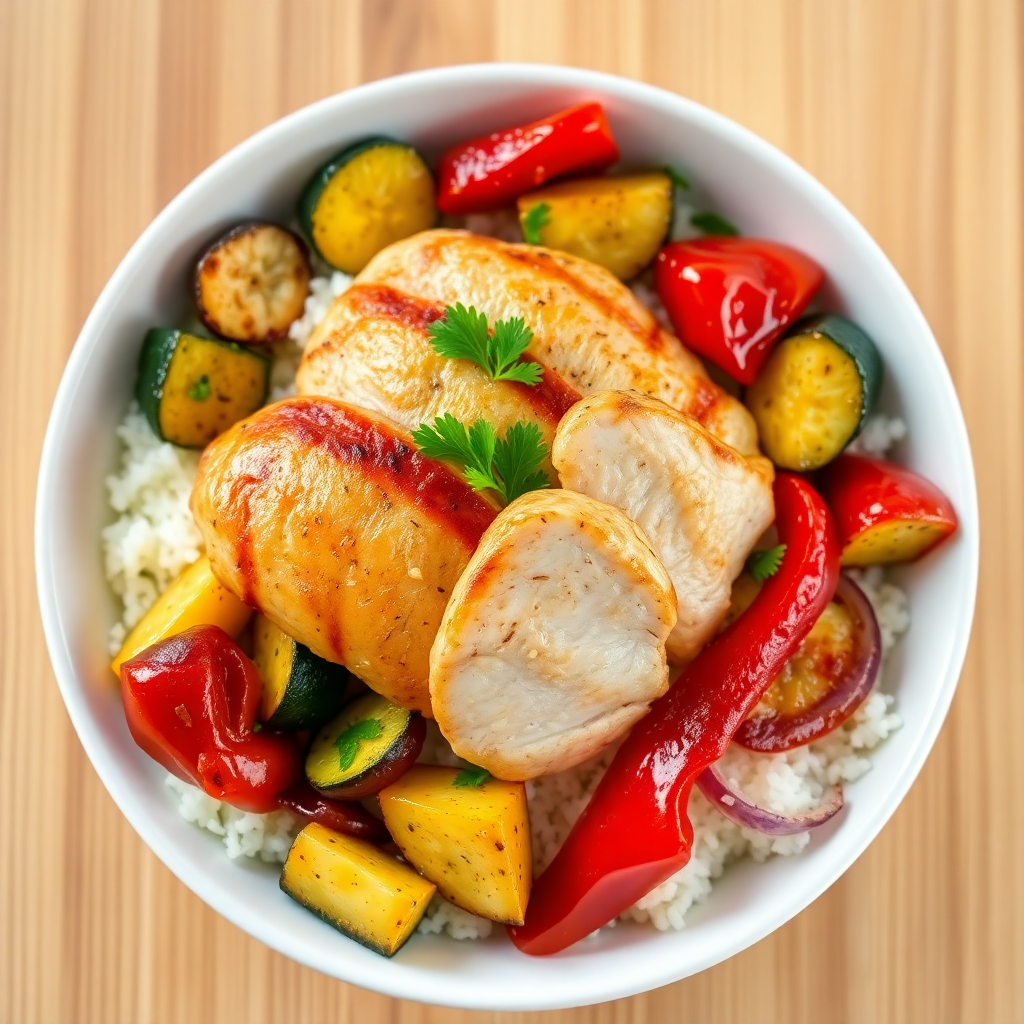 Chicken and Rice Bowl with Roasted Vegetables and Olive Oil Drizzle