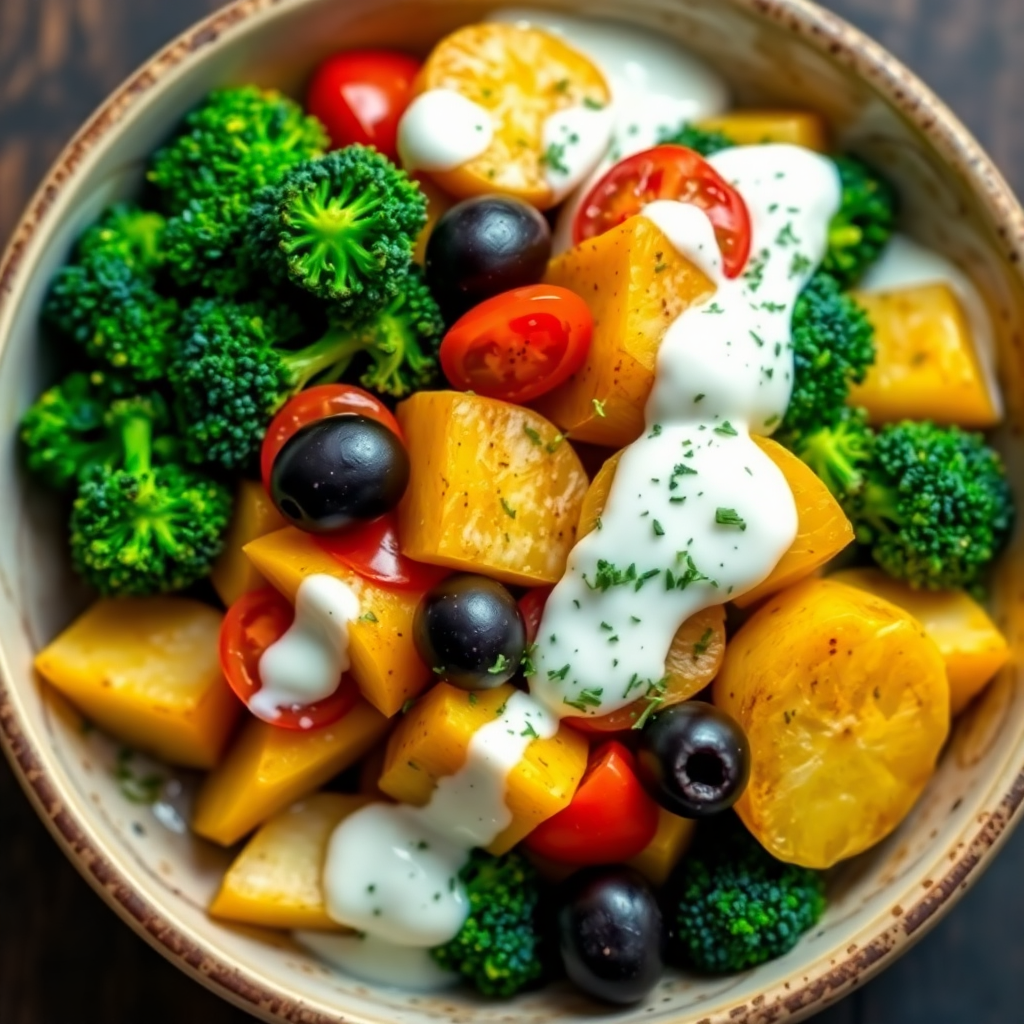 Mediterranean Broccoli and Potato Bowl with Tangy Yogurt Sauce
