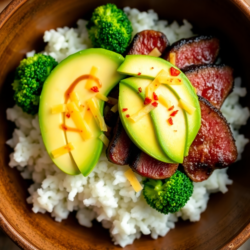 Beef and Broccoli Avocado Rice Bowl with Cheese
