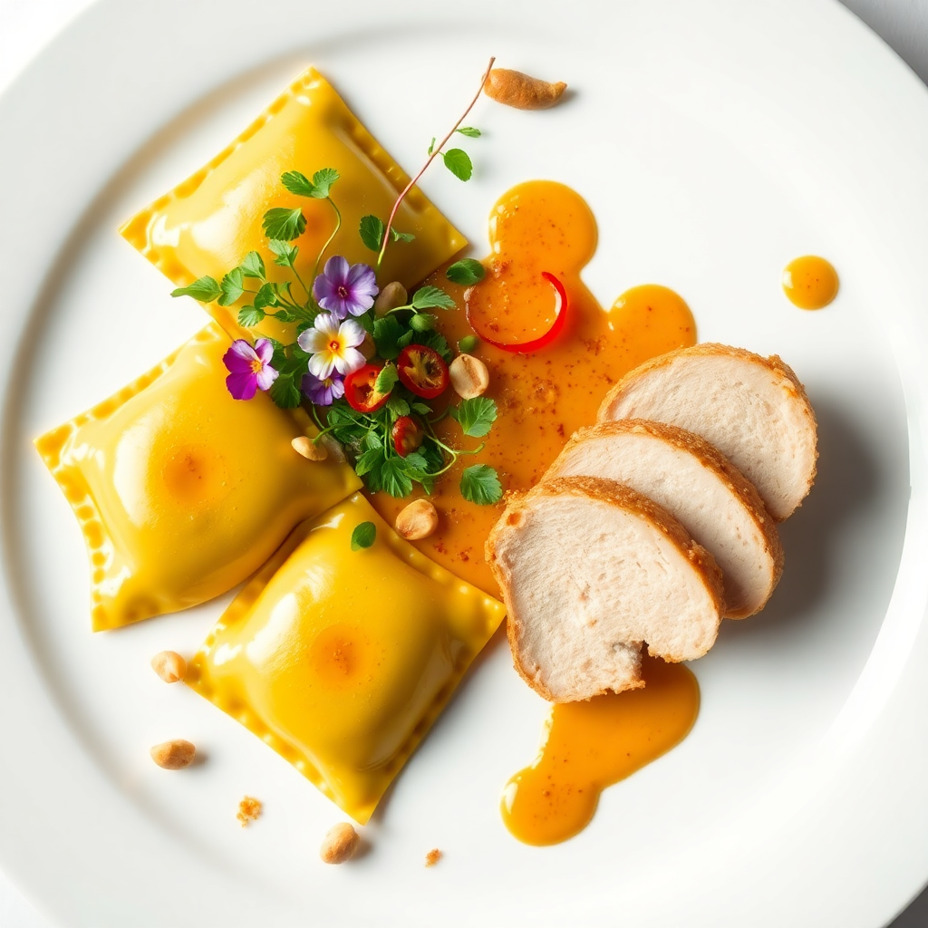 Massaman Ravioli with Sous Vide Chicken Breast and Fine Dining Garnish