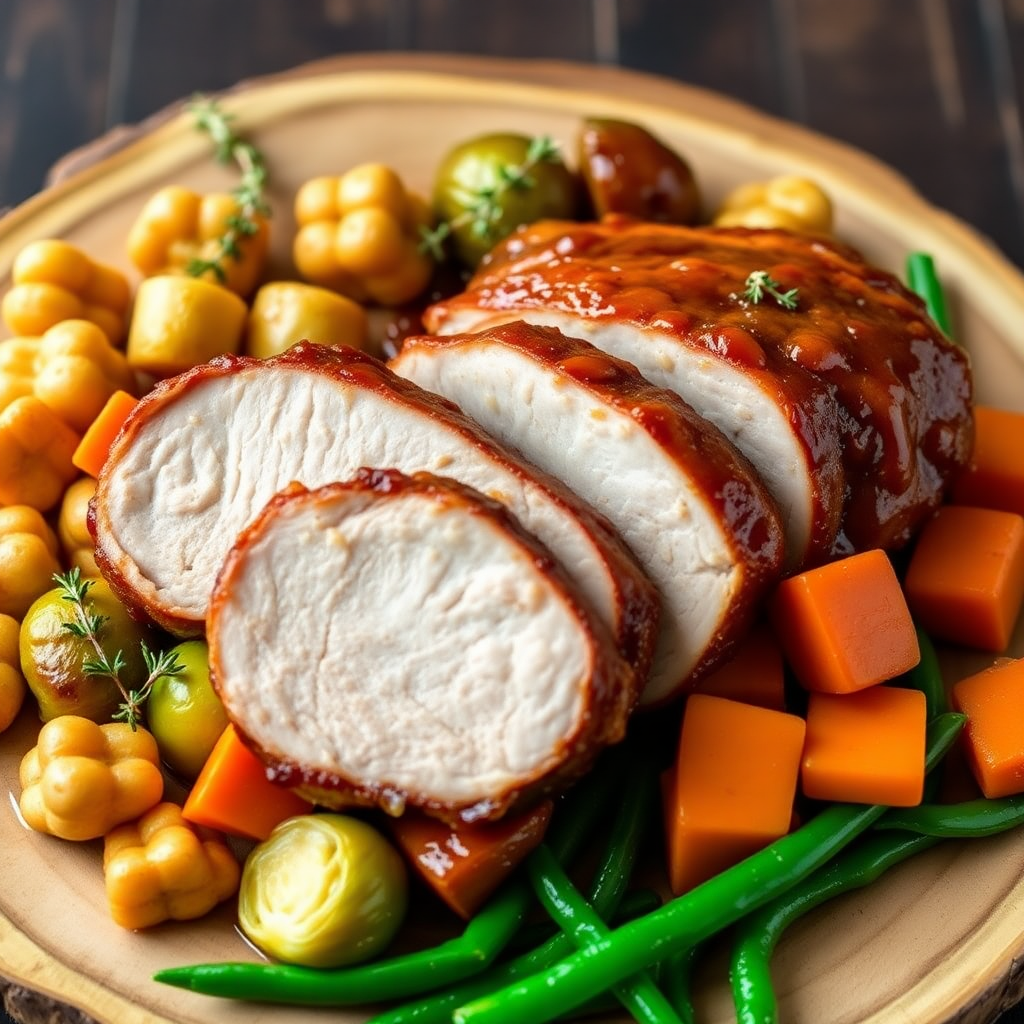 Maple Glazed Pork Tenderloin with Roasted Vegetables and Nugget Potatoes