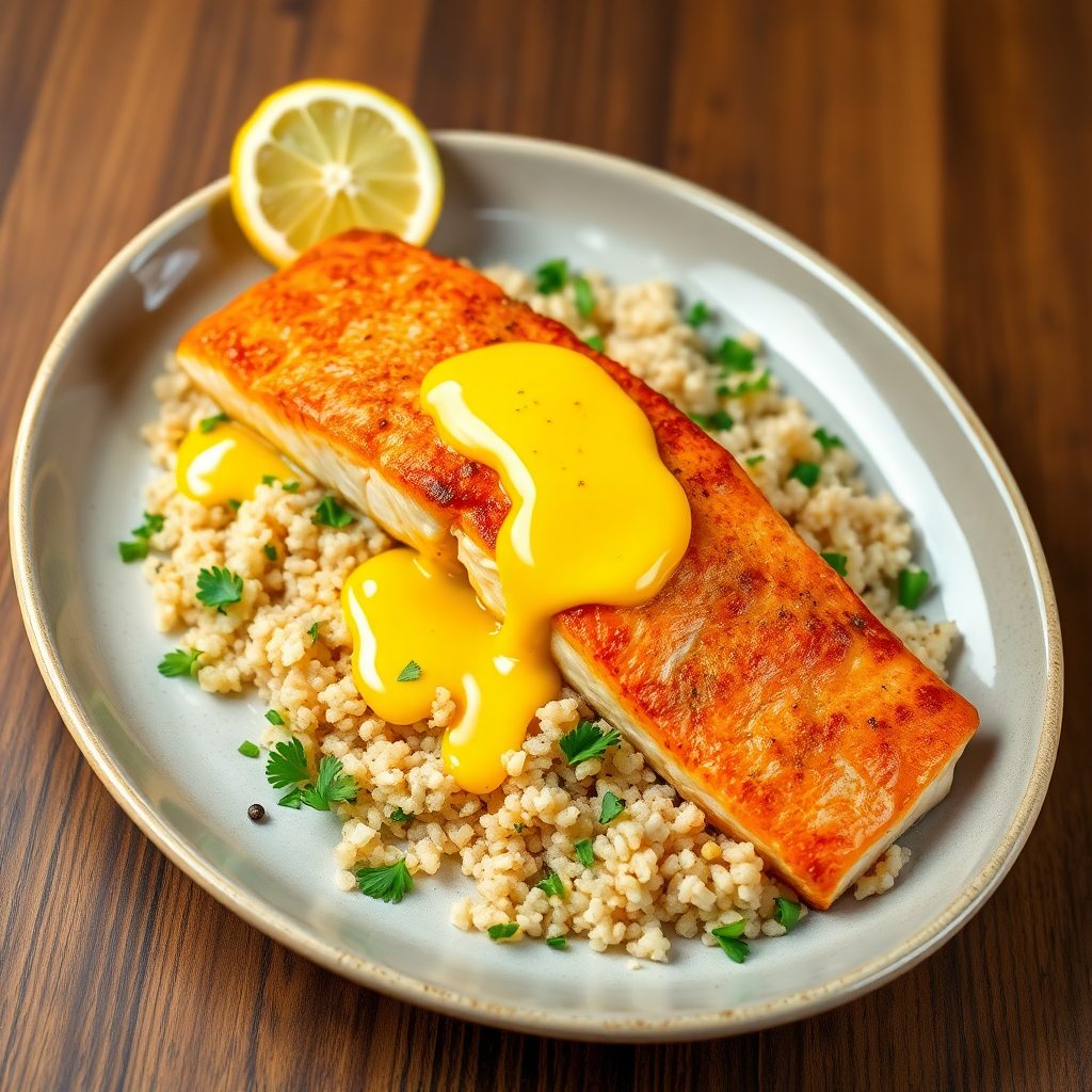 Pan-Seared Salmon with Bulgur Pilaf and Creamy Egg Yolk Sauce