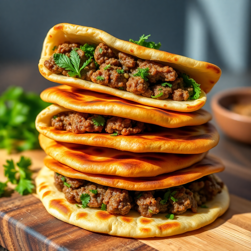 Golden-Brown Toasted Arayes with Savory Minced Meat and Herbs