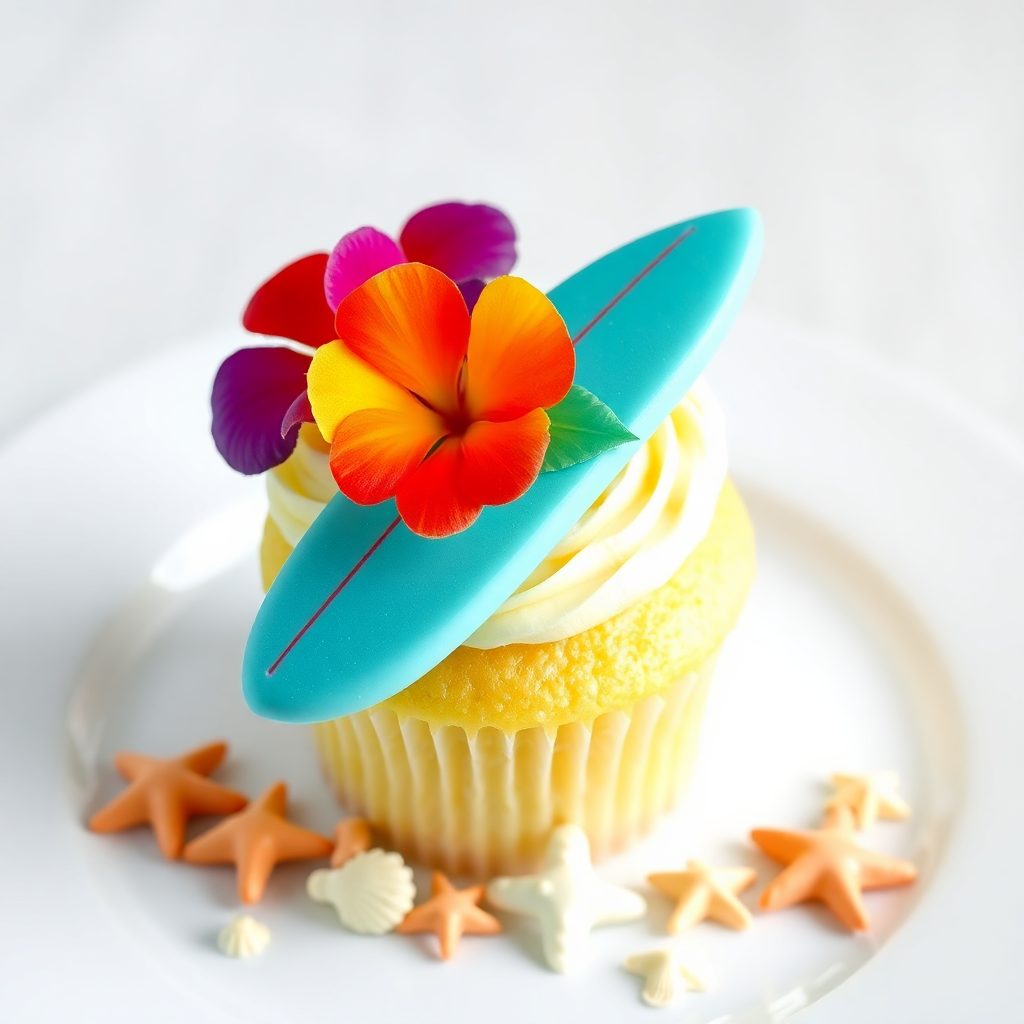 Tropical Hawaiian Flower & Surfboard Cupcake