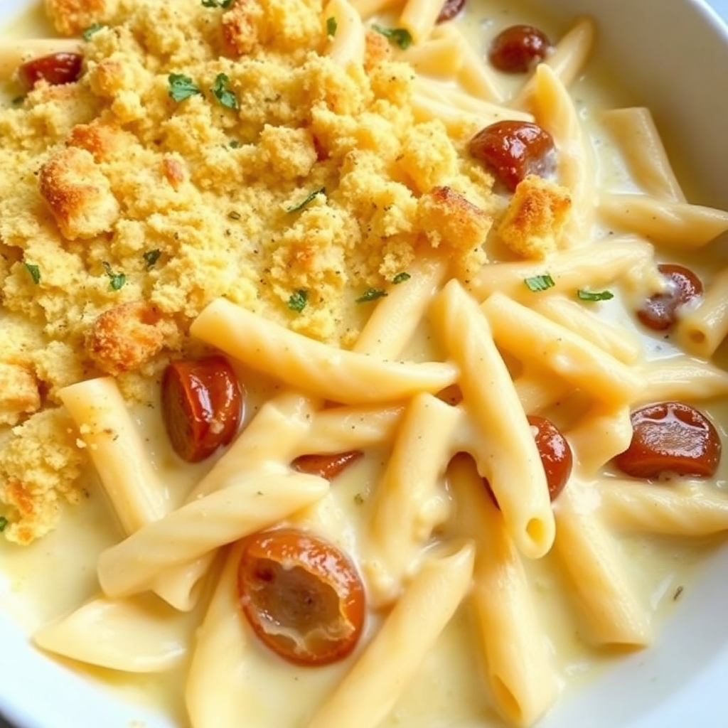 Creamy Onion Pasta Bake with Yogurt and Bread Crust