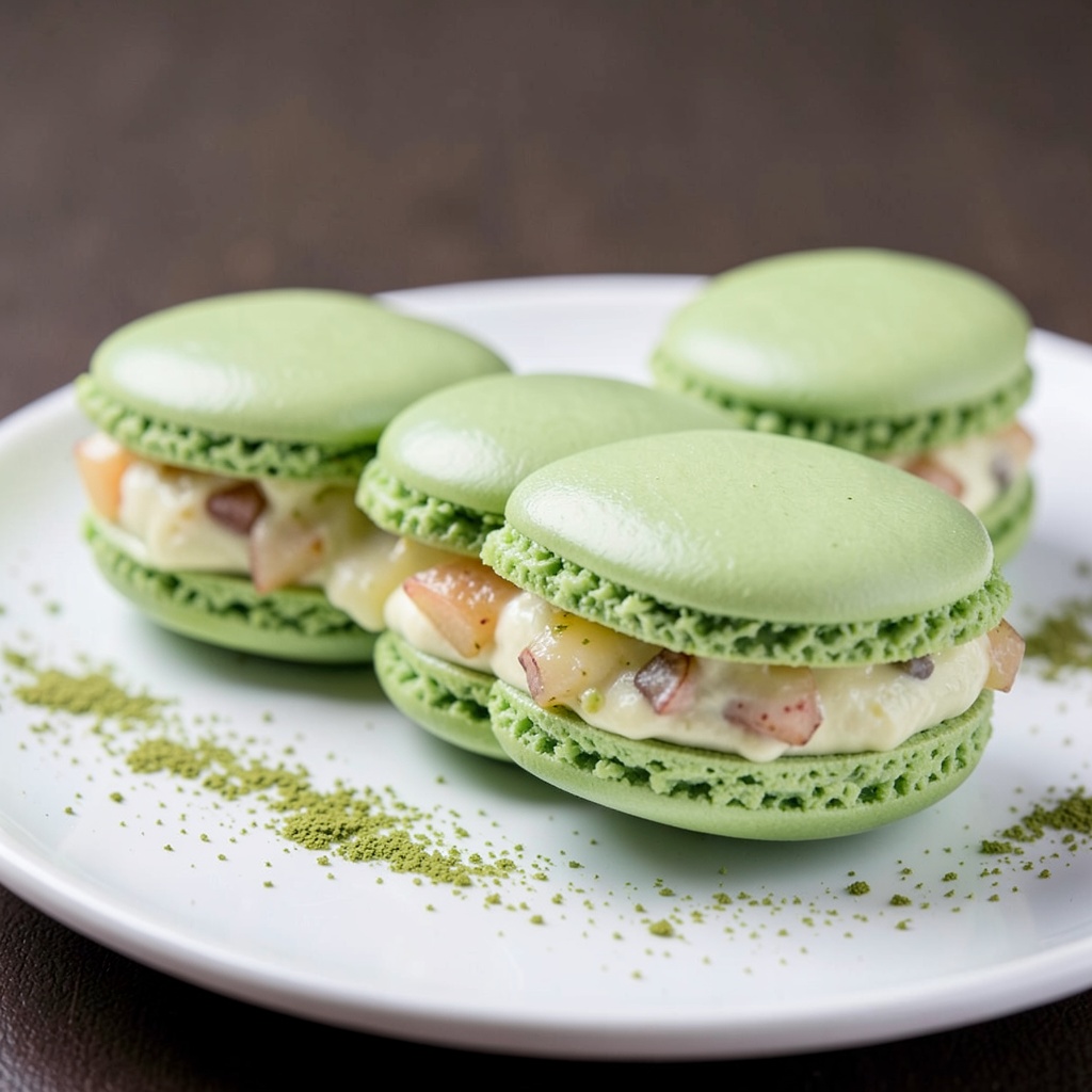 Matcha Macarons with Midori and Lychee Diplomat