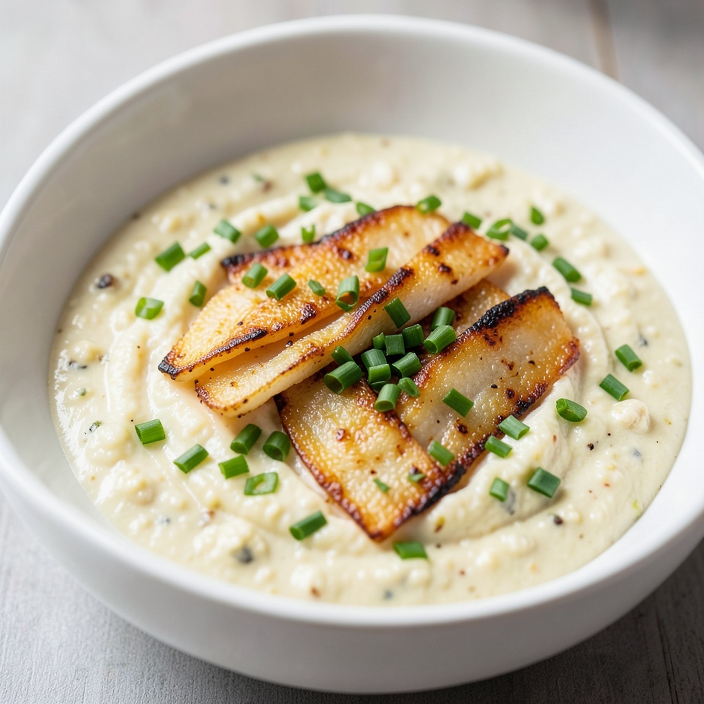 Roasted Garlic–Cauliflower Vichyssoise with Crispy Milkfish Belly and Fresh Chives