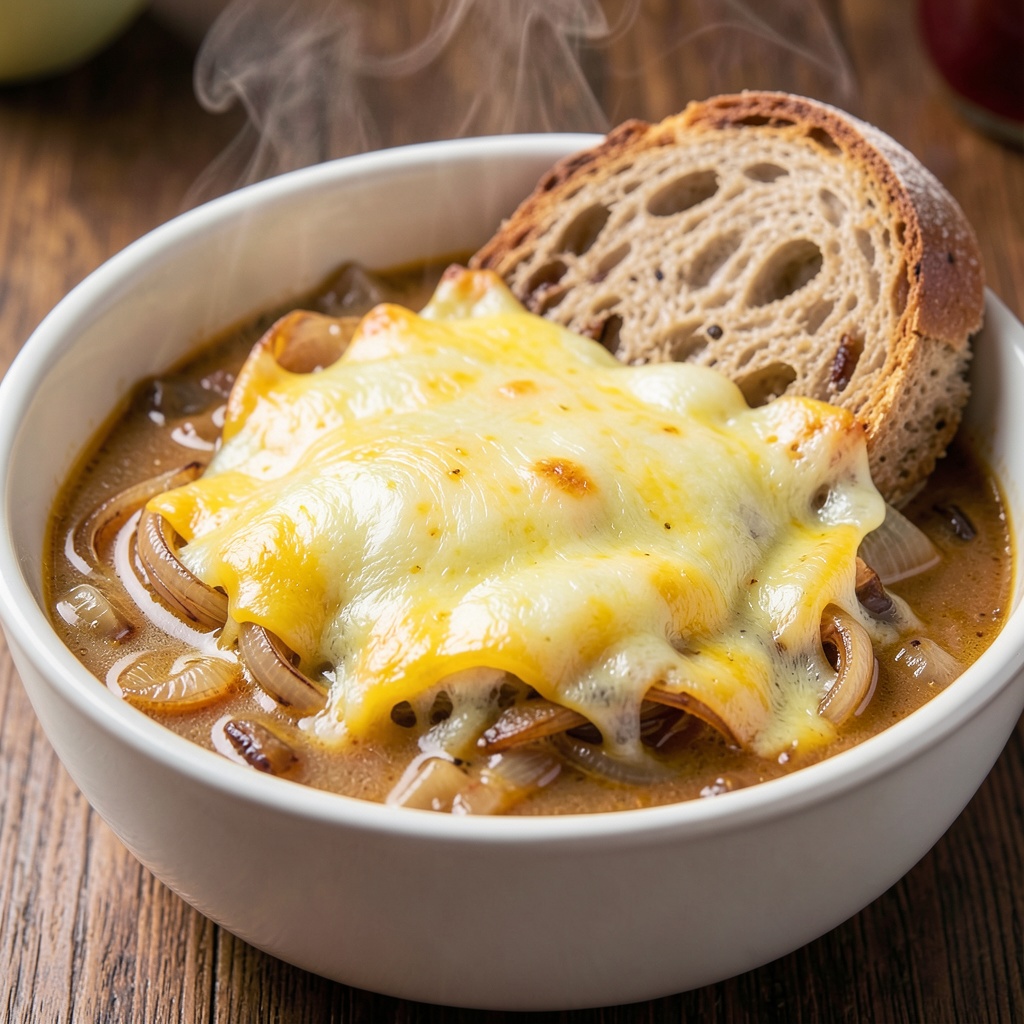 Brandy-Infused French Onion Soup with Double Cheese Crust
