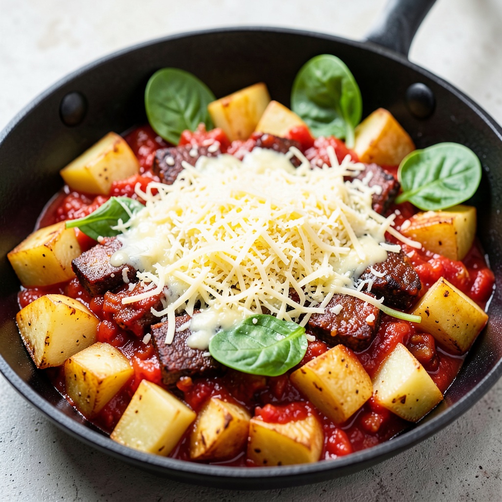 Chorizo, Spinach, and Potato Skillet with Tomato Sauce