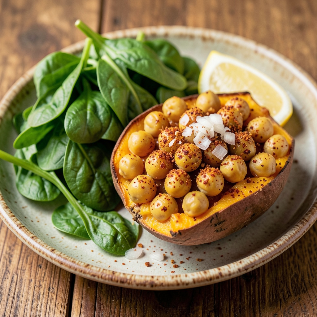 Spiced Chickpea and Spinach Stuffed Sweet Potato