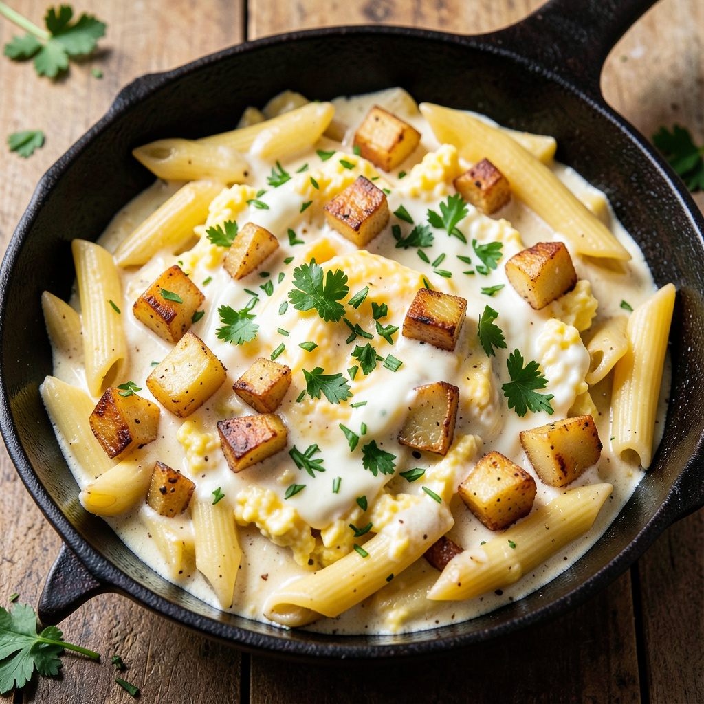 Garlic Potato and Egg Pasta Skillet
