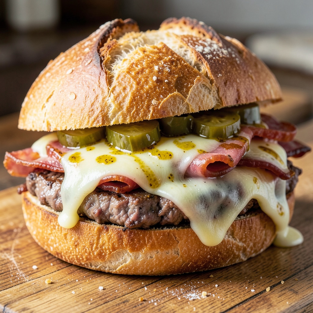 Classic Beef Pastrami Ciabatta Sandwich with Melted Cheese