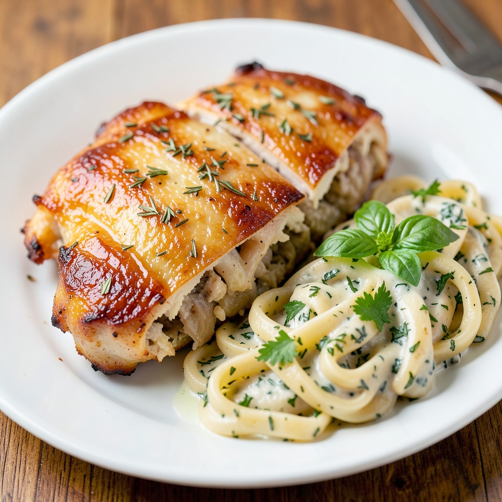 Garlic Parmesan Stuffed Chicken Thighs with Creamy Herb Pasta