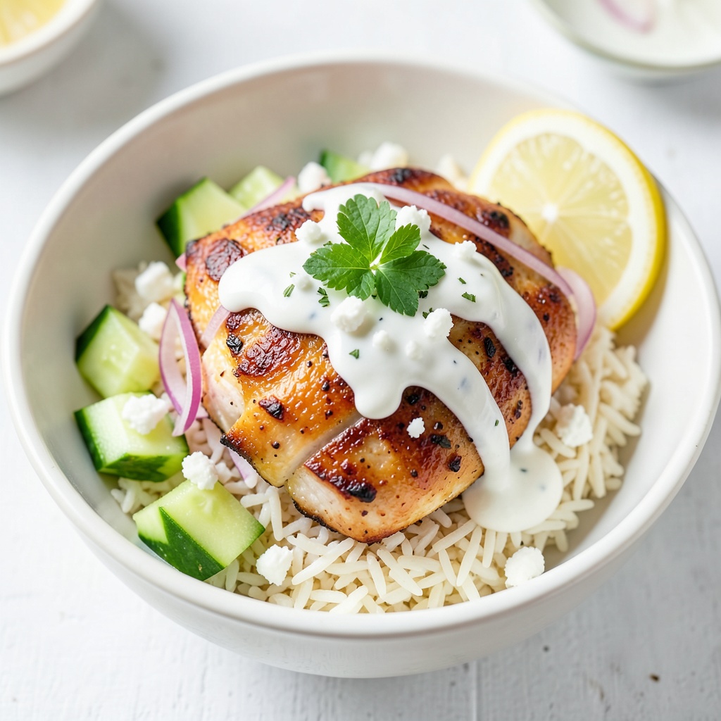 Flavorful Greek Chicken Bowl with Rice and Tzatziki