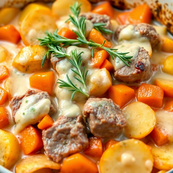Shepherd's Delight: Creamy Garlic Potato and Carrot Bake with Lamb