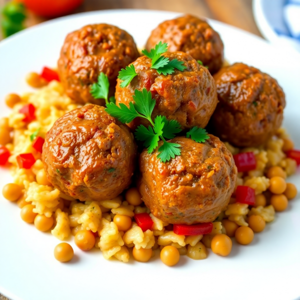 Spiced Pork Meatballs with Chickpea Rice and Red Pepper