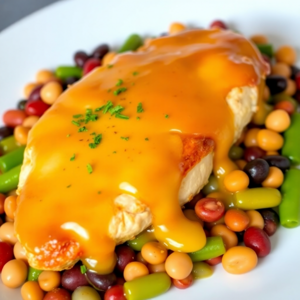 Cheesy Apple-Glazed Chicken with Bean Medley